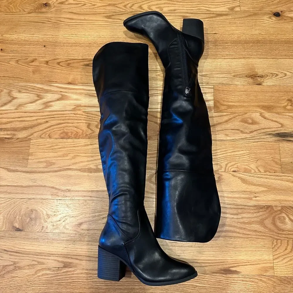 New Womens BP Luke Black Faux Leather‎ Over The Knee Heeled Boots Size 6 M